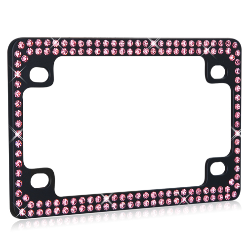 Double Row Black Metal Motorcycle License Plate Frame with Pink Crystals